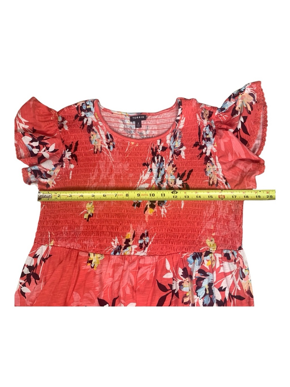 Torrid Coral Red Floral Smocked Babydoll Top Flutter Sleeves Cottagecore Large 2 - Picture 8 of 11